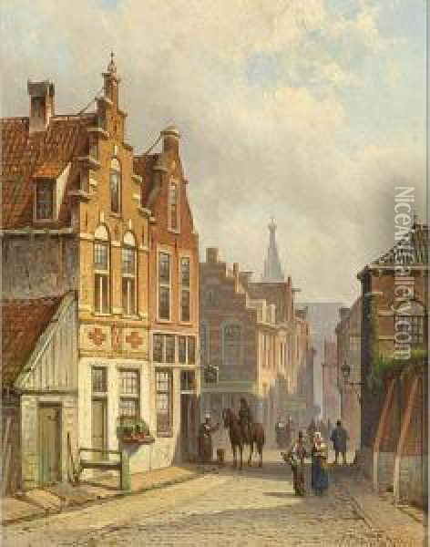Villagers In The Sunlit Streets Of A Dutch Town Oil Painting - Eduard Alexander Hilverdink