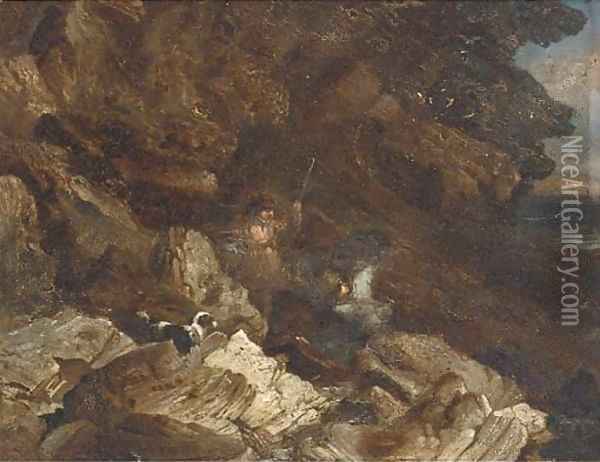 Figures on a rocky beach Oil Painting - James William Giles