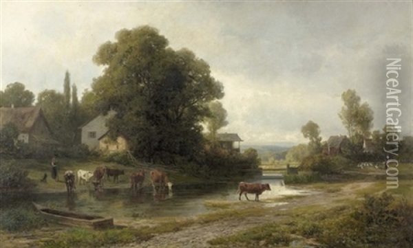 Bauerin Mit Rindern Bei Der Tranke An Einem Fluss Oil Painting - Rudolf (Heinrich Albert) Poeppel