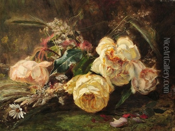 Jetee De Roses Blanches Et De Fleurs Des Champs Oil Painting - Victor Leclaire