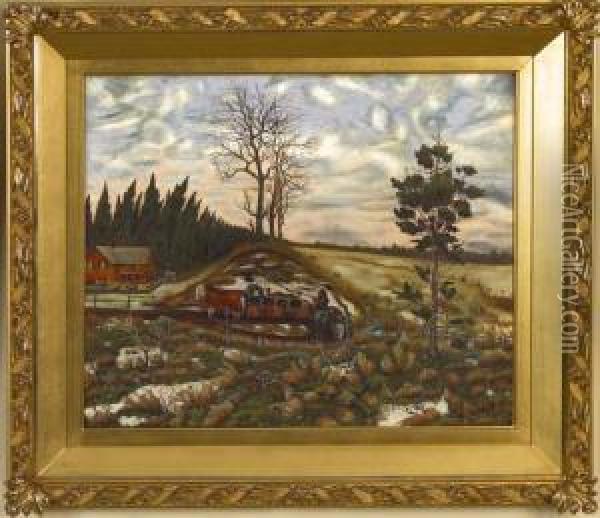 Landscape With Farm And Figure Oil Painting - John Rollin Tilton
