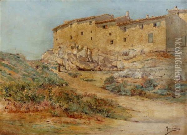 View Of Stone Buildings On A Rocky Hillside Oil Painting - Joseph (Francois Xavier) Meissonnier