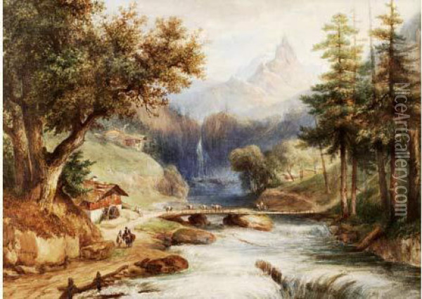 Troupeau De Chevaux Franchissant Un Pont De Montagne Oil Painting - Jean-Jacques Champin