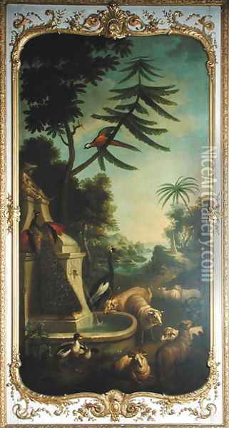 A Crested Crane a Peacock a Macaw a Shelduck and Markhors panel from the bedroom of Louis Henri I 1692-1740 Prince de Conde Oil Painting - Christophe Huet