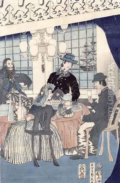 The salon of a house of foreign merchants at Yokohama, 1861 Oil Painting - Utagawa Sadahide