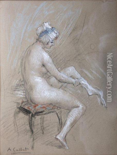 Jeune Femme Enfilant Oil Painting - Antoine Calbet