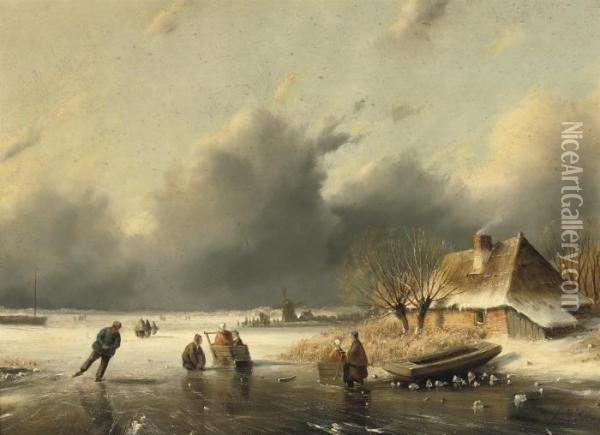 Villagers On A Frozen Waterway Oil Painting - Lodewijk Johannes Kleijn