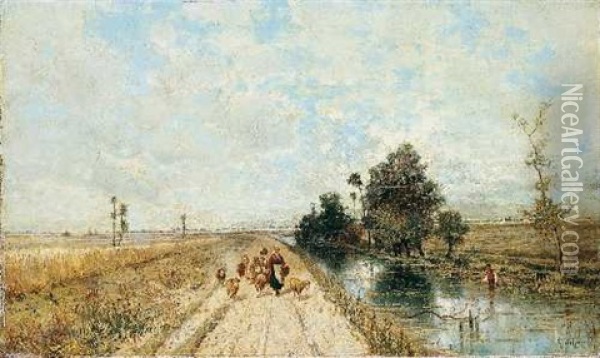 Landschaft Mit Schaferin Und Angler Oil Painting - Karl Heffner