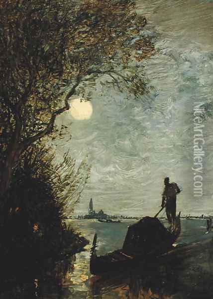 Moonlit Scene with Gondola Oil Painting - Felix Ziem