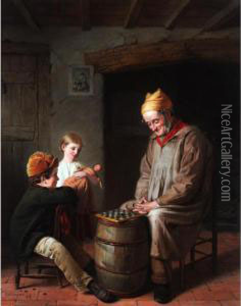 A Game Of Draughts Oil Painting - John Haynes-Williams