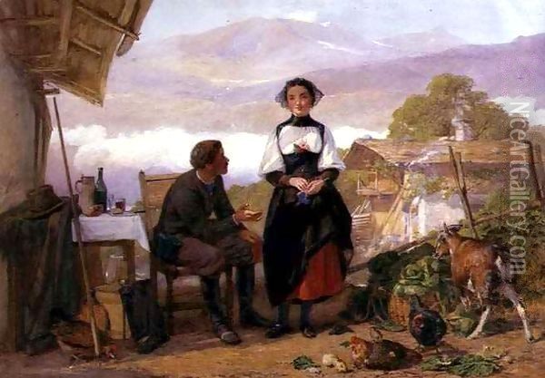 Courting couple in a mountain farmyard Oil Painting - John Absolon