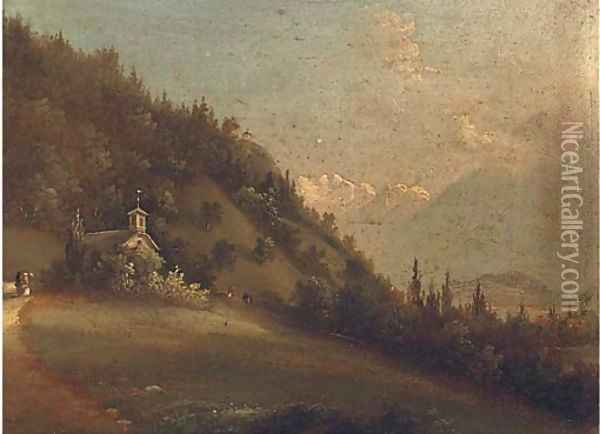 Figures in an Alpine landscape beside a church; and Another similar Oil Painting - Continental School