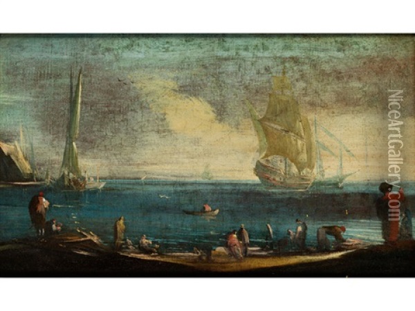 Kustenszene Mit Schiffen Und Figuren Am Ufer Oil Painting - Giacomo Guardi