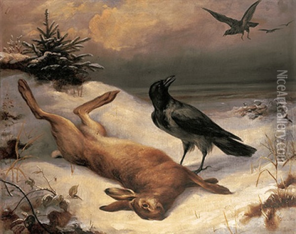 Winterliche Landschaft Mit Erlegtem Hasen Und Krahen Oil Painting - Arthur (Julius) Thiele