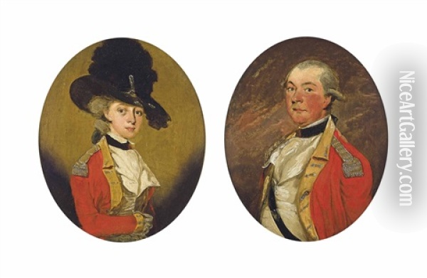 Portrait Of A Lady, Probably Mrs. Jane Handley (d.1809), Half-length, In Infantry Uniform And A Black Plumed Hat (+ Portrait Of A Gentleman, Probably Mr. William Handley, Half-length, In Infantry Uniform; Pair) Oil Painting - John Downman