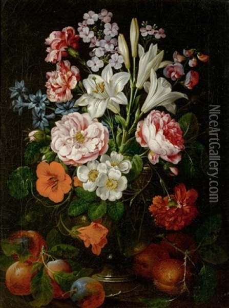 Blumenstilleben In Einer Glasvase Mit Fruchten Oil Painting - Johann Nepomuk Mayrhofer