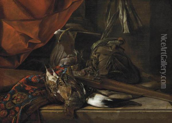 A Partridge, A Hunting Horn, A Musket And Game Bags On A Partly Draped Stone Ledge Oil Painting - Jan Fyt