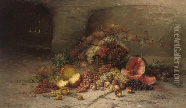 A Pineapple, A Watermelon, A Peach And Grapes In A Basket Oil Painting - Nel Gronland