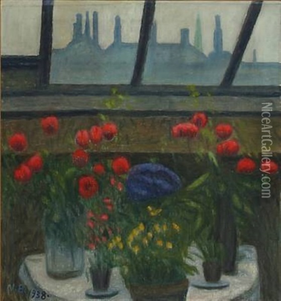 Blomsterbord Under Ataliervindue (flowers Under Studio Window) Oil Painting - Niels Bjerre