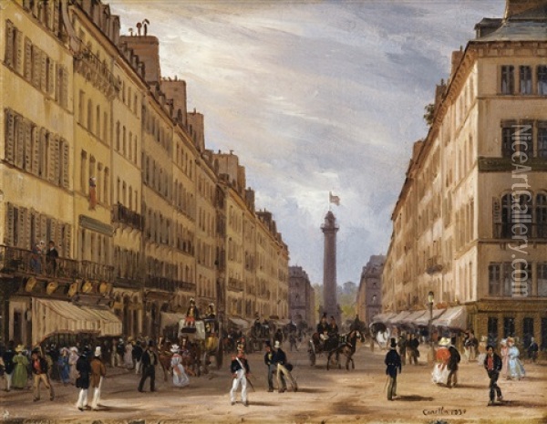 Paris, Rue De La Paix, La Place Vendome A L'arriere-plan Oil Painting - Giuseppe Canella I