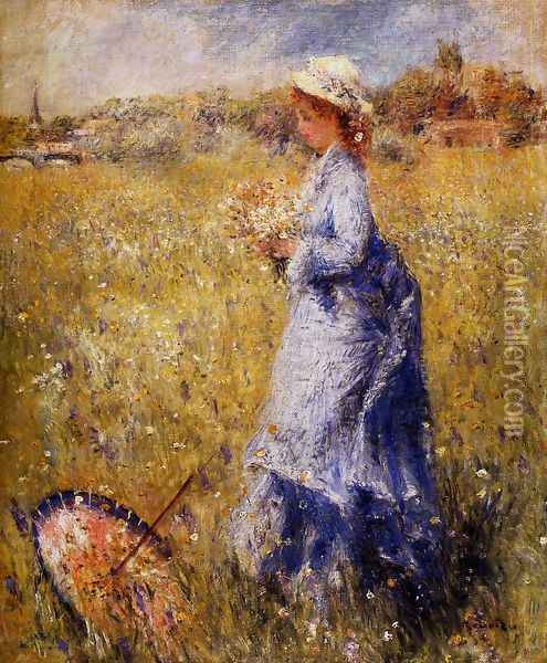 Girl Gathering Flowers Oil Painting - Pierre Auguste Renoir