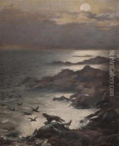 Notturno Su Scogliera Con Naufrago Oil Painting - Luigi Olivetti