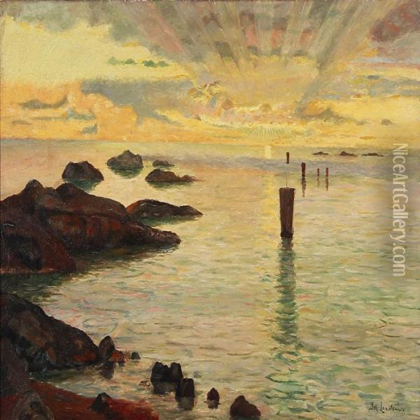 View From A Norwegian Coast At Sunrise Oil Painting - Johann Larssen