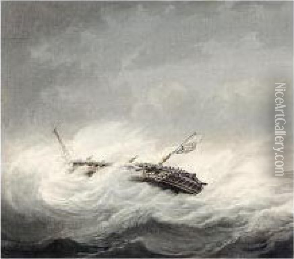 A Dismasted Warship In A Storm Oil Painting - Samuel Atkins