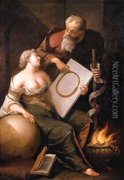 Eternity seated by a five, holding a tablet with the ouroboros in her left hand, her right hand leaning on a sphere, as Wisdom stands nearby Oil Painting - Arnold Houbraken
