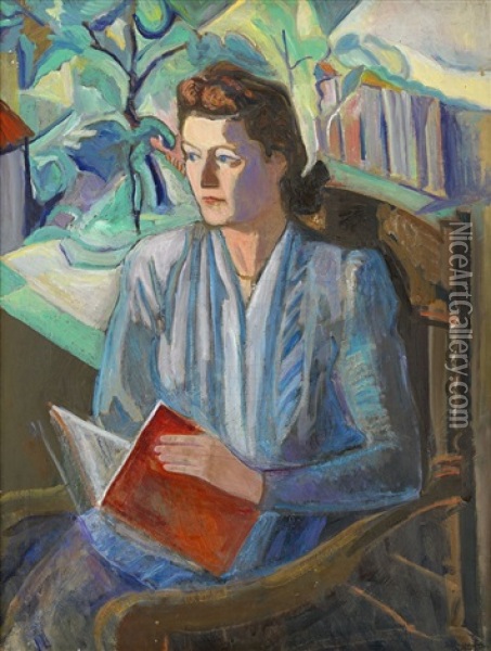 Portrait Of A Woman Holding A Book Oil Painting - David Shterenberg