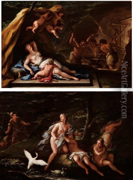 Coppia Di Soggetti Mitologici Venere Nella Fucina Di Vulcano Diana E Atteone Oil Painting - Giovan Battista Lama