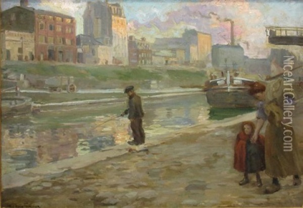 La Villette Canal Oil Painting - Alfred Victor Fournier