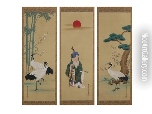 Long Life And Happiness (triptych) Oil Painting - Tosa Mitsuyoshi