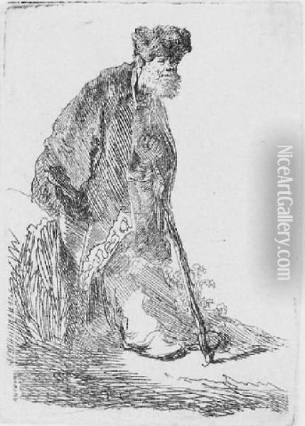 Man In A Coat And Fur Cap Leaning Against A Bank (b., Holl. 151; H. 14; Bb. 30-6) Oil Painting - Rembrandt Van Rijn