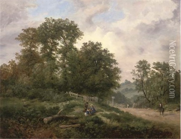 Children Playing In An Extensive Wooded Landscape Oil Painting - Henry Harris Lines