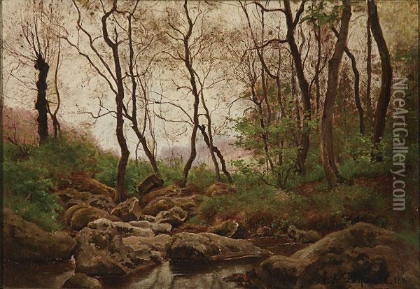 Wooded Landscape With Stream- 1890 Oil Painting - Theodore Lespinasse