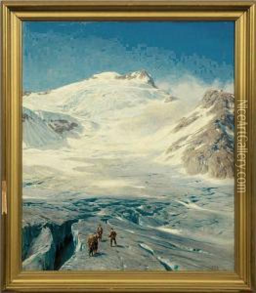 Bergsteigeran Einem Schweizer Gletscher Oil Painting - Alfred Metzener