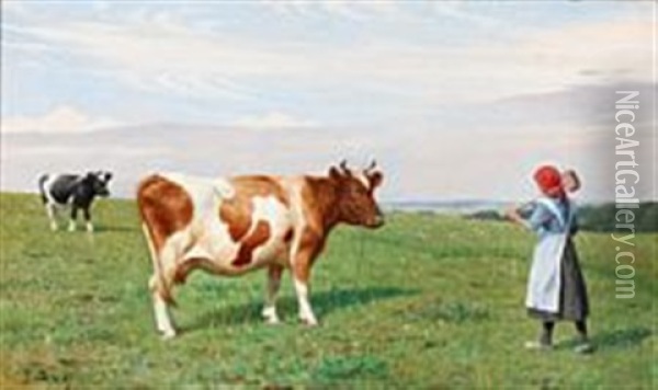 A Farm Girl Tending Cows In A Field Oil Painting - Poul Steffensen
