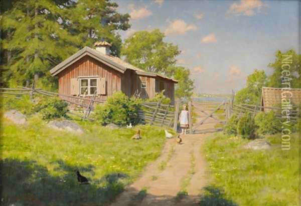 Flickan Vid Grinden Oil Painting - Johan Fredrik Krouthen