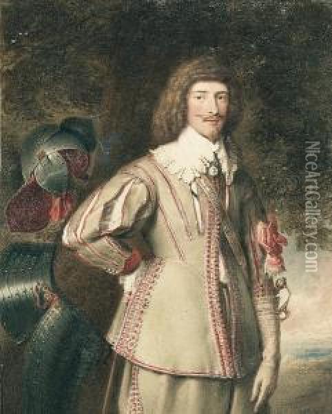 A Cavalier Of The Mid-17th 
Century, Wearing Buff-coloured Jerkin, Slashed To Reveal Cream Shirt 
With Wide Collar, His Armour In A Tree At His Side, Landscape Background Oil Painting - George Perfect Harding