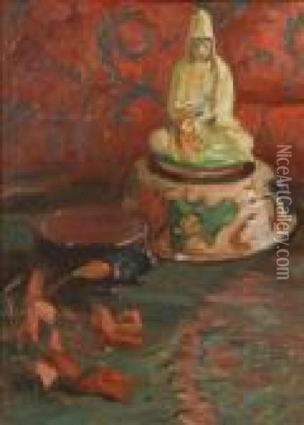 Still Life With Japanese Statue Oil Painting - Robert Henry Logan