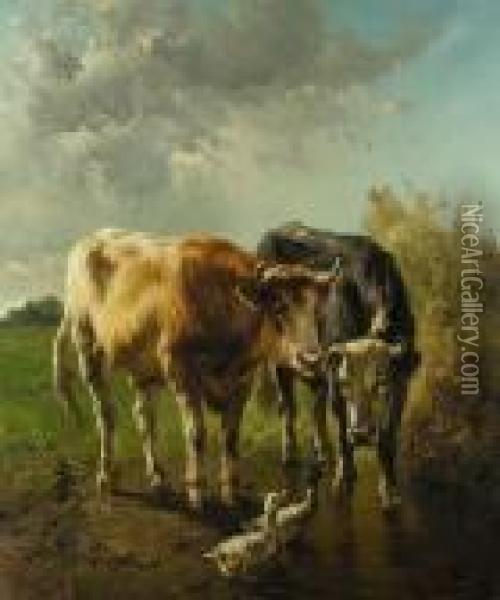 Die Freunde Und Zwei Kuhe Und Ein Entenpaar Am Wassertumpel Oil Painting - Henry Schouten