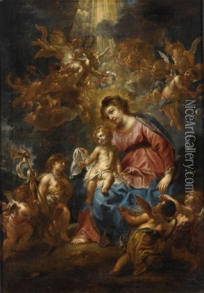 The Madonna And Child With The Infant Saint John, Surrounded By Angels Oil Painting - Cornelis Schut the Elder