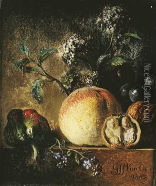 Nature Morte Aux Poivron, Peche Et Noix Sur Un Entablement Oil Painting - Georgius Jacobus Johannes van Os