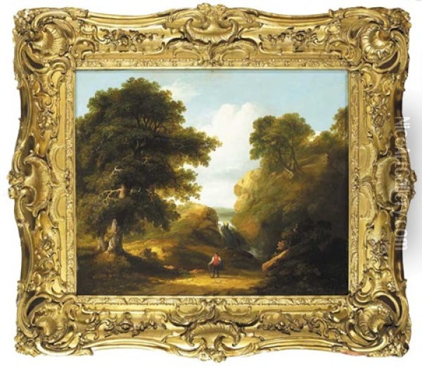 Traveller In Extensive Wooded Mountain Landscape Oil Painting - James Arthur O'Connor