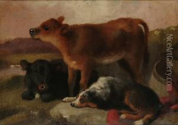 Calves And A Collie In A Landscape Oil Painting - George W. Horlor