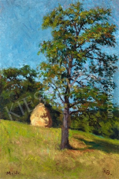 Nagybanya Landsape With Haystack Oil Painting - Jeno Maticska
