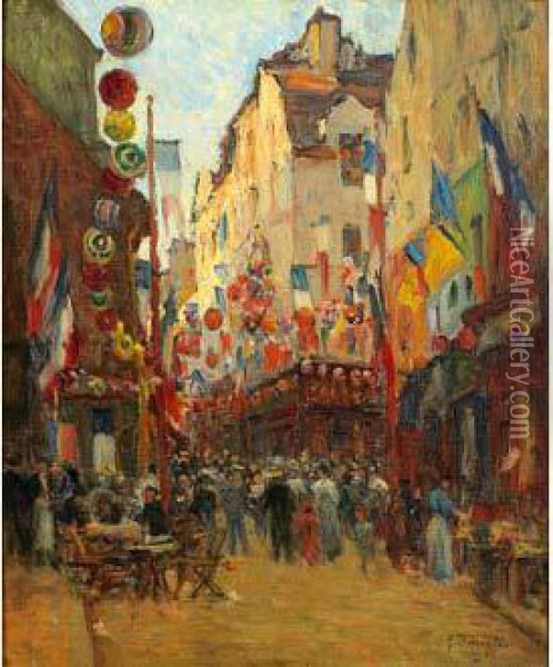 Paris, Rue Mouffetard, Le 14 Juillet Oil Painting - Germain Bonneton