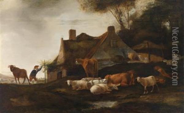 A Landscape With Cattle Grazing By Afarmhouse Oil Painting - Govert Dircksz. Camphuysen
