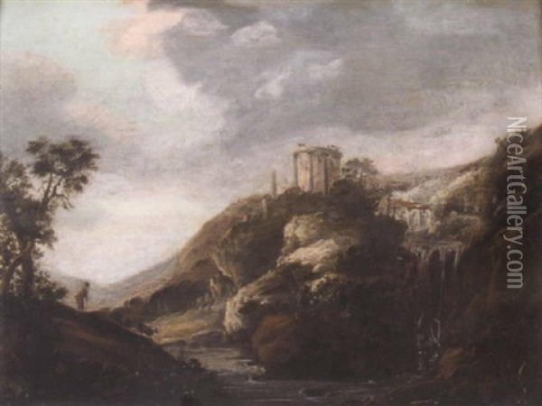 Landscape With Classical Ruins By A Waterfall And A Figure Along The River Oil Painting - Jan Abrahamsz. Beerstraten
